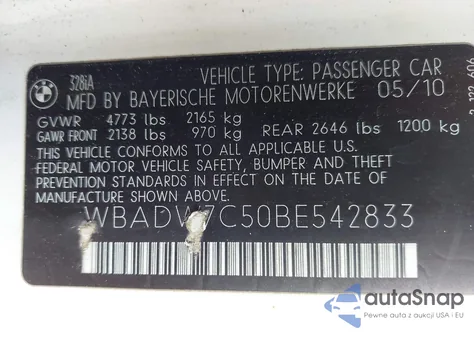 2011 BMW 328I из США, поврежденный, VIN WBADW7C50BE542833